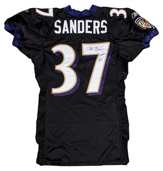 2005 Deion Sanders UN-WASHED, PHOTO-MATCHED Game Used & Twice-Signed 9/11/05 Baltimore Ravens Alternate Black Jersey (NFL Auction - PSA/DNA, JSA & Resolution Photomatching LOAs)